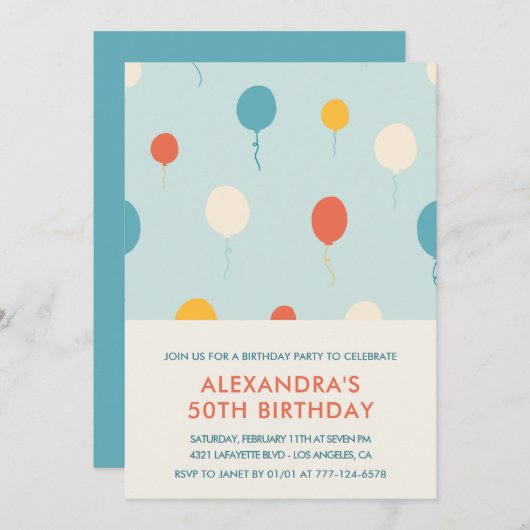 Einladungen zum 50. Geburtstag Balloons Einfach (Vorne/Hinten)