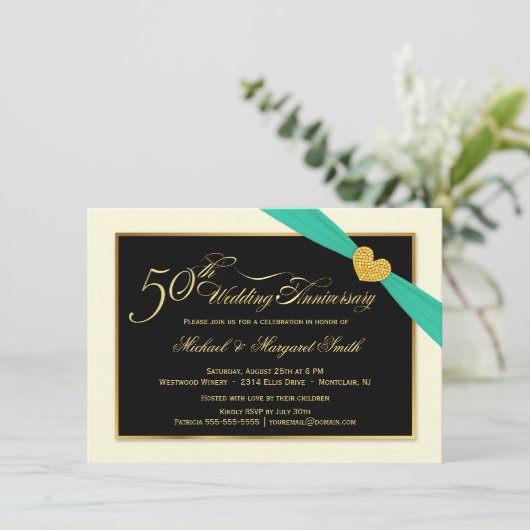 Einladungen zum 50. Hochzeitstag Aqua Ribbon (Stehend Vorderseite)