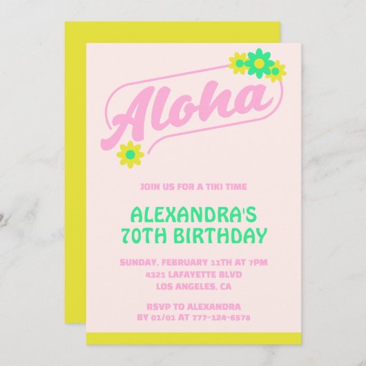 Einladungen zum 70. Geburtstag Tropical Aloha Pink (Vorne/Hinten)
