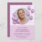Einladungen zum 74. Geburtstag Foto Lila Balloons (Vorne/Hinten)