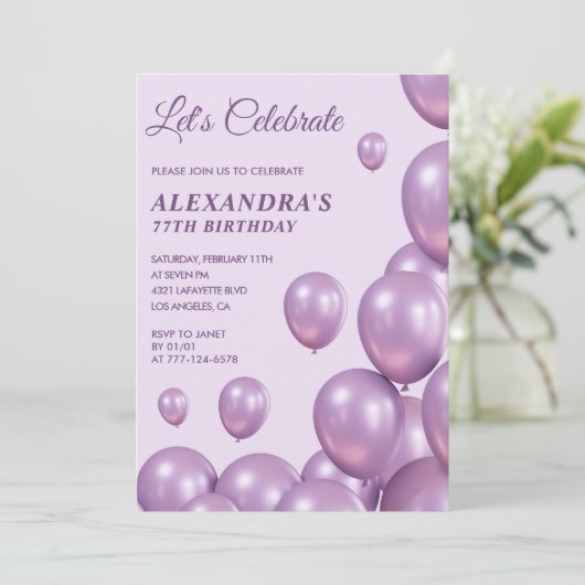 Einladungen zum 77. Geburtstag Lila Balloons (Stehend Vorderseite)