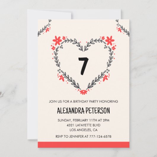 Einladungen zum 7. Geburtstag für ihr Blumenherz (Vorderseite)