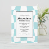 Einladungen zum 7. Geburtstag Retro Checkered Blue (Stehend Vorderseite)