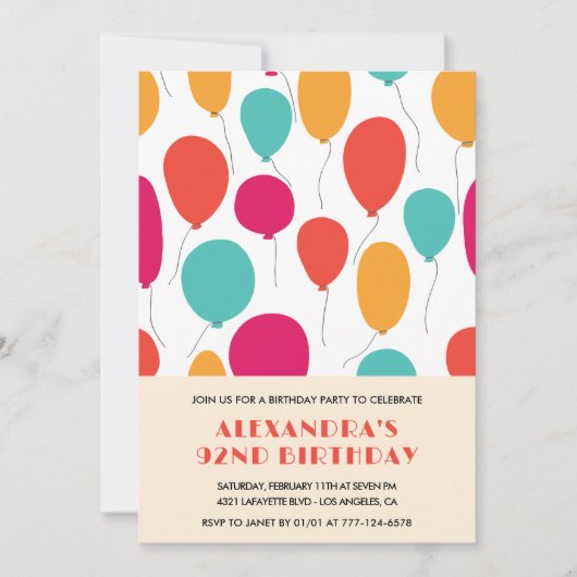 Einladungen zum 92. Geburtstag Balloons Moderne (Vorderseite)