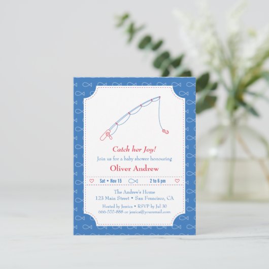 Einladungen zum Blue and Red Fishing Baby Shower (Stehend Vorderseite)