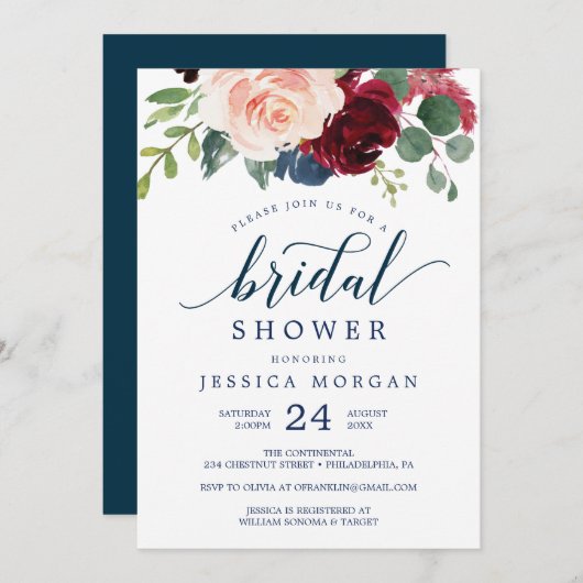 Einladungen zum Brautparty Navy und Burgund (Vorne/Hinten)