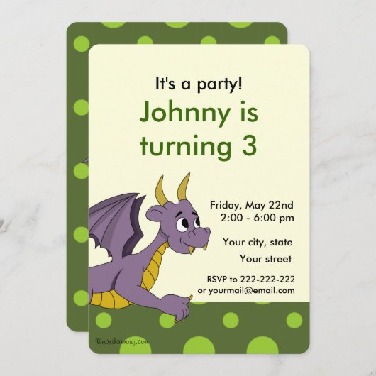 Einladungen zum Cartoon-Geburtstag von Dragon (Vorne/Hinten)