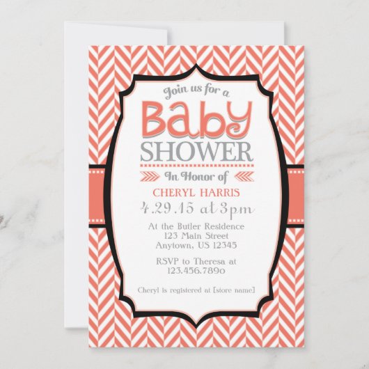 Einladungen zum Coral Gray Herringbone Baby Shower (Vorderseite)