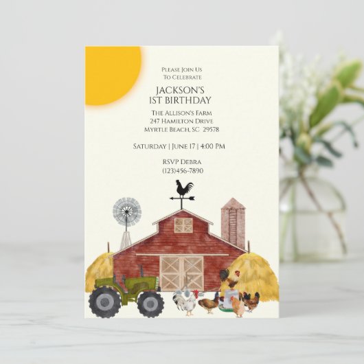 Einladungen zum ersten Geburtstag von Stalltieren (Stehend Vorderseite)