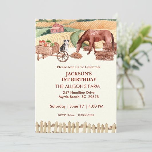 Einladungen zum ersten Geburtstag von Stalltieren (Stehend Vorderseite)