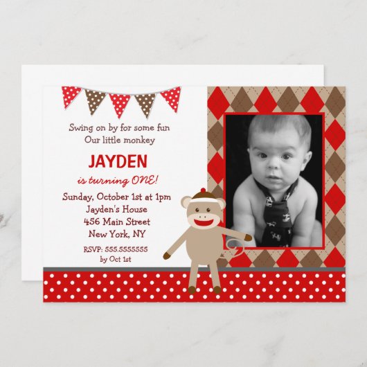 Einladungen zum Geburtstag von Sock Monkey (Vorne/Hinten)
