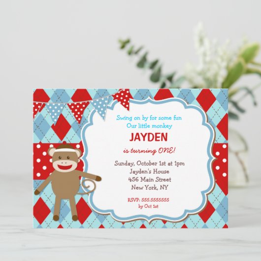 Einladungen zum Geburtstag von Sock Monkey (Stehend Vorderseite)