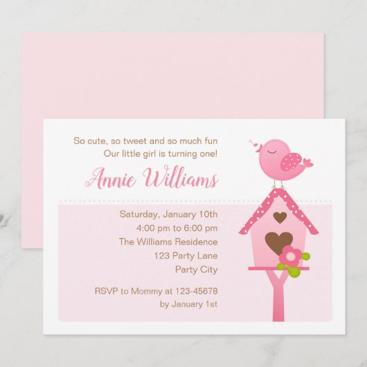 Einladungen zum Geburtstag von Vögeln (Rosa 1. Geb (Vorne/Hinten)