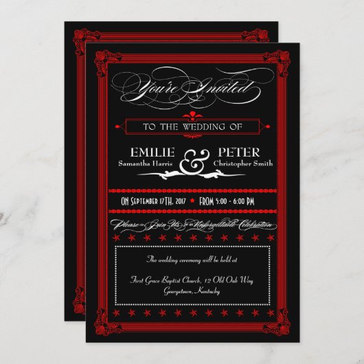 Einladungen zum Hochzeitsfeiern im Rot-Schwarz-Pos (Vorne/Hinten)