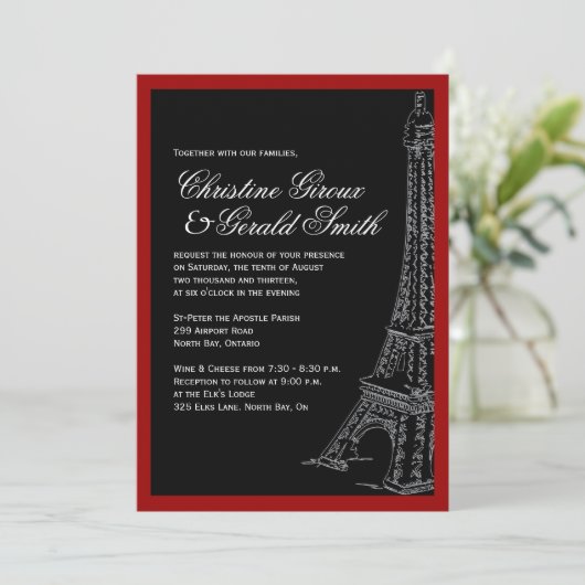 Einladungen zum Hochzeitsfeiern in Rot und Schwarz (Stehend Vorderseite)