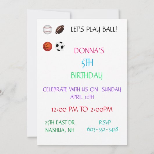 EINLADUNGEN ZUM KINDERGEBURTSTAG "LET'S PLAYBALL" (Rückseite)