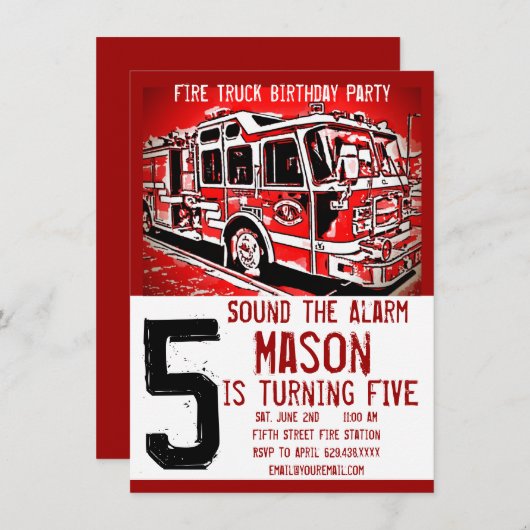 Einladungen zum Kindergeburtstag von Feuerwehrfahr (Vorne/Hinten)