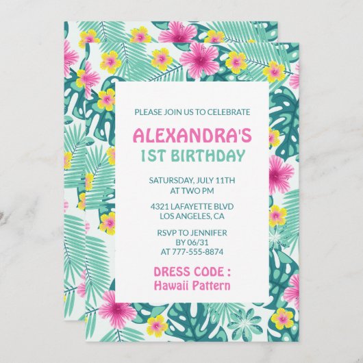 Einladungen zum Tropical Hawaii Muster zum 1. Gebu (Vorne/Hinten)