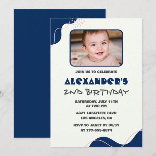 Einladungen zum zweiten Geburtstag Boy Navy Simple (Vorne/Hinten)