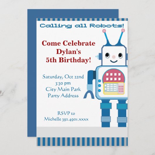 Einladungen zur coolen Robot Birthday Party (Vorne/Hinten)