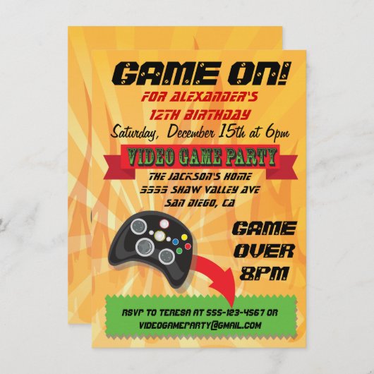 Einladungen zur Geburtstagsfeier des Videospiels (Vorne/Hinten)
