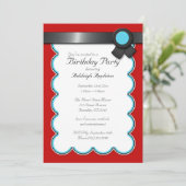 Einladungen zur Geburtstagsparty in Rot, Aquamarin (Stehend Vorderseite)