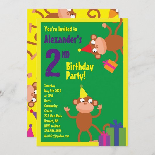 Einladungen zur Geburtstagsparty von Affen-Kid (Vorne/Hinten)