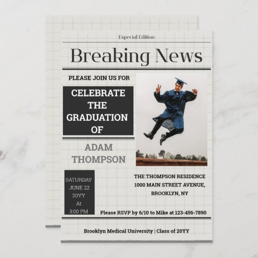 Einladungen zur Graph Paper Newspaper Graduation P (Vorne/Hinten)