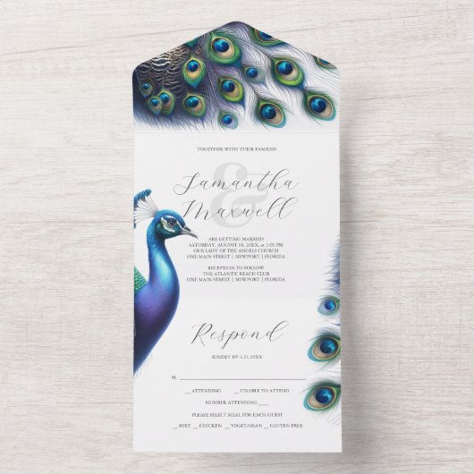 Einladungen zur Hochzeit mit RSVP Card Peacock (Innen Boden)