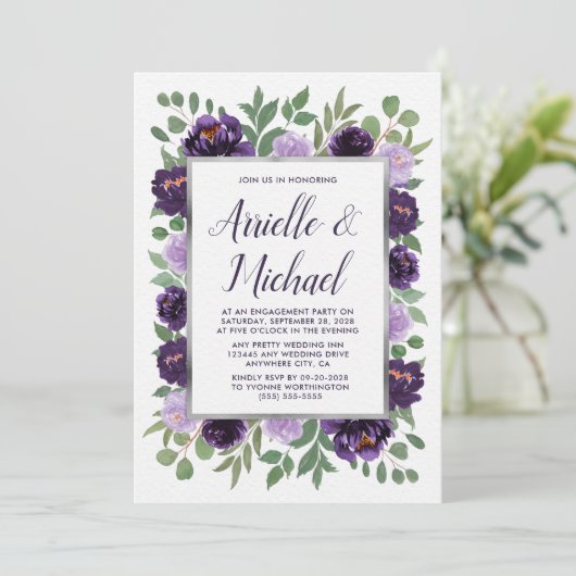 Einladungen zur lila Silver Floral Engagement Part (Stehend Vorderseite)