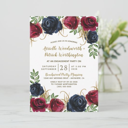 Einladungen zur Navy Blue Burgundy-Engagement-Part (Stehend Vorderseite)