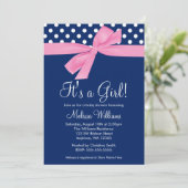Einladungen zur Navy Pink Bow Polka Dot Baby Showe (Stehend Vorderseite)