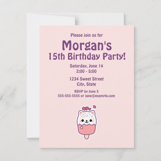 Einladungen zur niedlichen Katze Popsicle Geburtst (Rückseite)