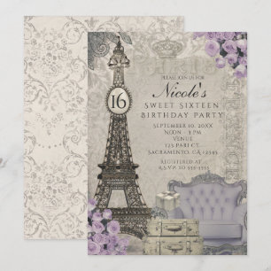 Einladungen zur Pariser Eiffelturm-Lila-Rosen-Part