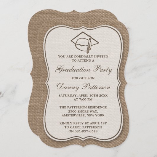 Einladungen zur Rustic Burlap Graduation Party (Vorne/Hinten)