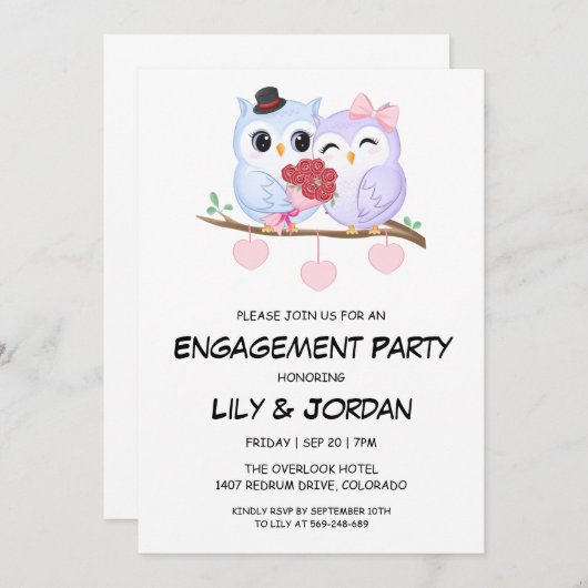 Einladungen zur Verlobung von niedlichen Eulen Car (Vorne/Hinten)