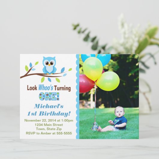 Einladungs-12x18 Foto-Karte für Eule Boy 1. Geburt Einladung (Stehend Vorderseite)