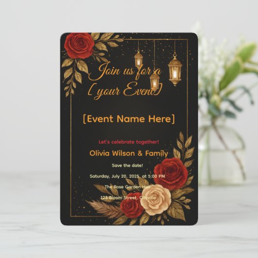 Einladungs-Card-Vorlage Luxus Black Gold Floral Einladung (Stehend Vorderseite)