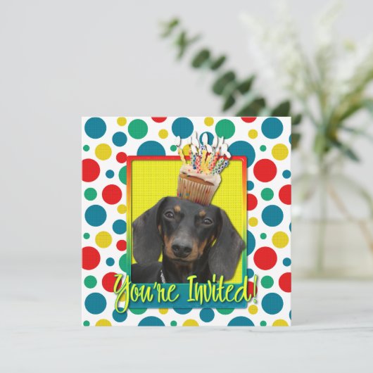 Einladungs-kleiner Kuchen - Dackel - Winston Einladung (Stehend Vorderseite)
