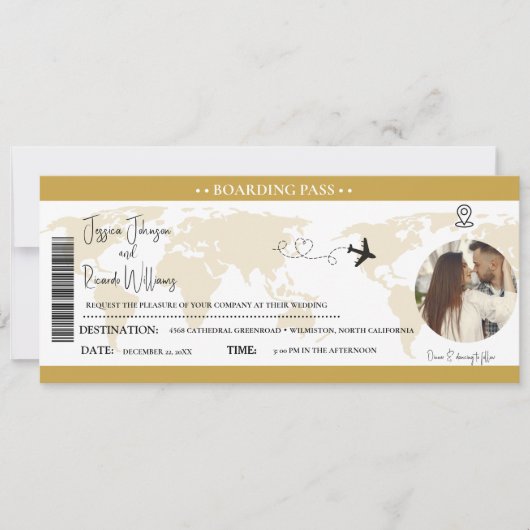 Einladungs-Ticket für Gold-Hochzeiten - Boarding Einladung (Vorderseite)