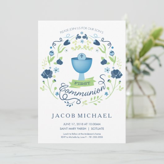 Einladungskarte des ersten Heiligen Kommunion Einladung (Stehend Vorderseite)