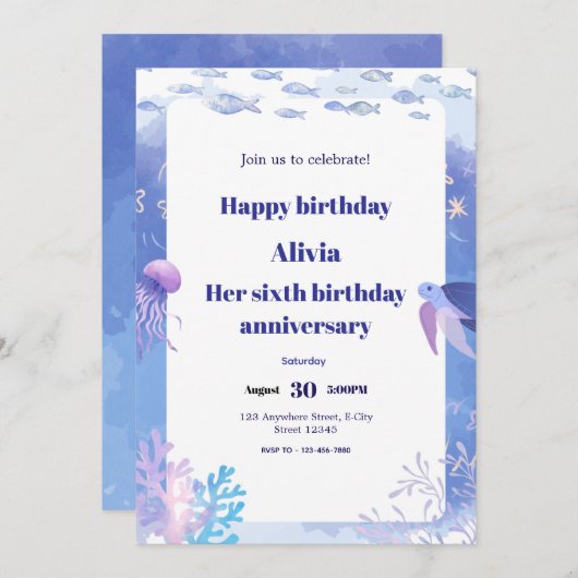 Einladungskarte für Blaues Unterwasser-Kindergebur Einladung (Vorne/Hinten)