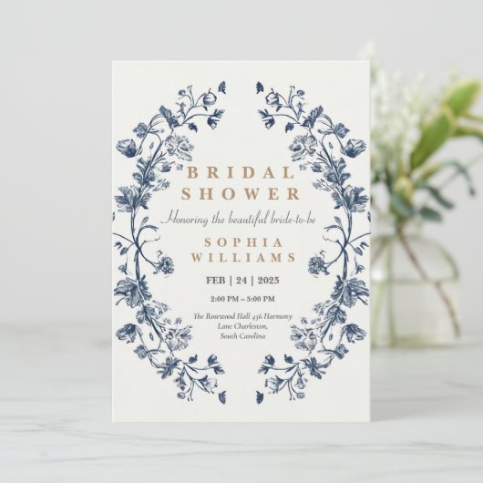 Einladungskarte für den Elegant Blue Floral Polter Einladung (Stehend Vorderseite)