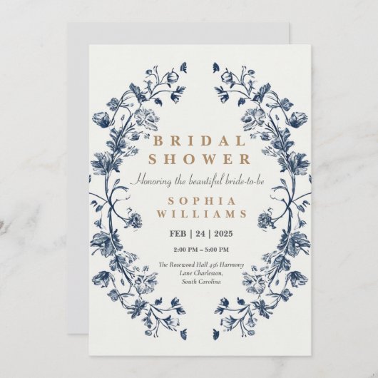 Einladungskarte für den Elegant Blue Floral Polter Einladung (Vorne/Hinten)