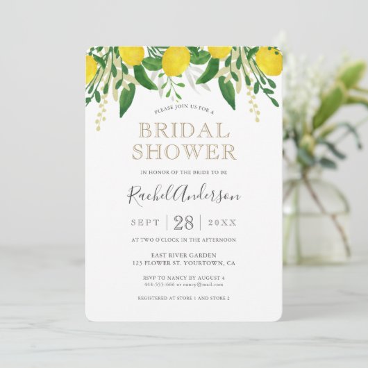 Einladungskarte für die frische Lemon Bridal Dusch Einladung (Stehend Vorderseite)