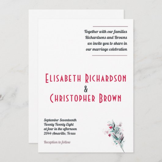 Einladungskarte für Minimalistische Rote Flora Einladung (Vorne/Hinten)