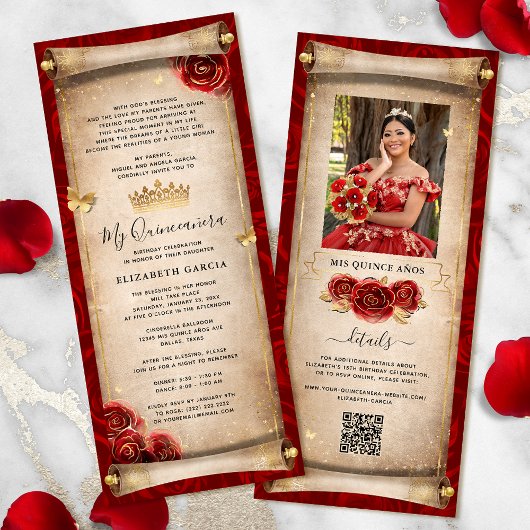 Einladungskarte für Red and Gold Quinceanera Scrol Einladung