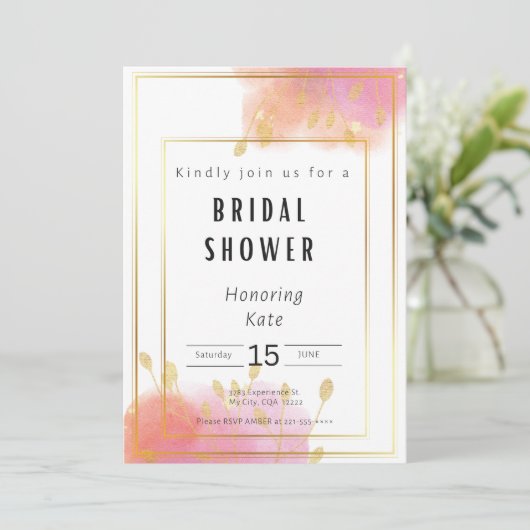 Einladungskarte für Rosa und Gold Bridal Einladung (Stehend Vorderseite)