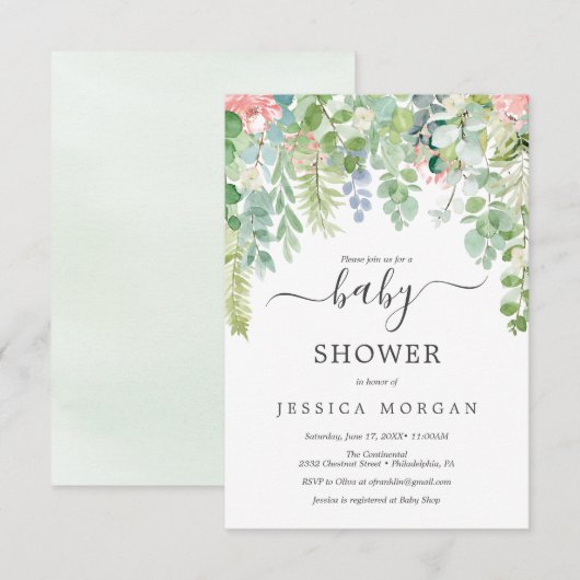 Einladungskarte für Soft Greenery Baby Shower Einladung (Vorne/Hinten)