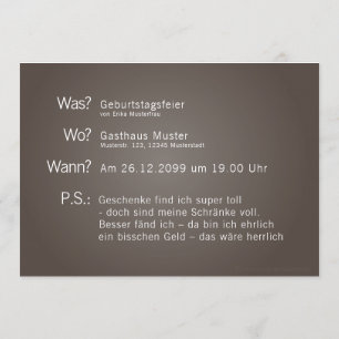 Einladungskarte mit "Was? Wann? Wo? P.S.:"-Text Einladung